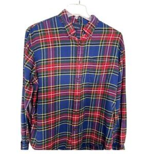 Lands' End Plaid Vtg Flannel Shirt Mens XL Traditional Blue Red Tartan Cotton